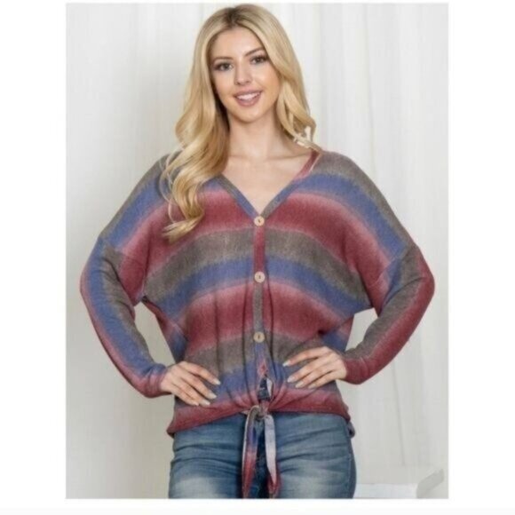 V-NECK COLOR BLOCK TOP/SWEATER-LIGHTWEIGHT-NEW - Picture 5 of 5